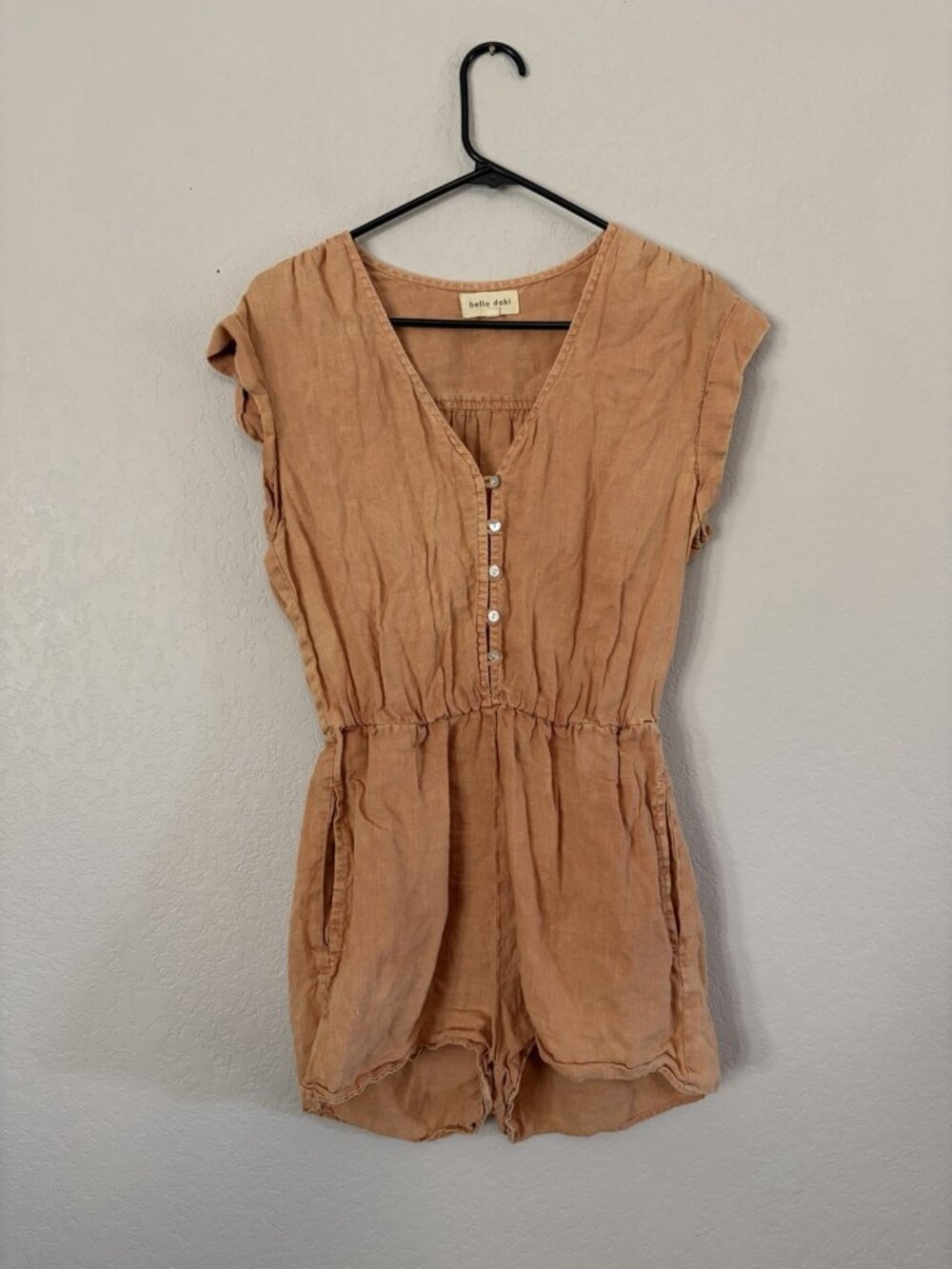 Bella Dahl Tan Beige Romper Button Front Sz Small 100% Linen